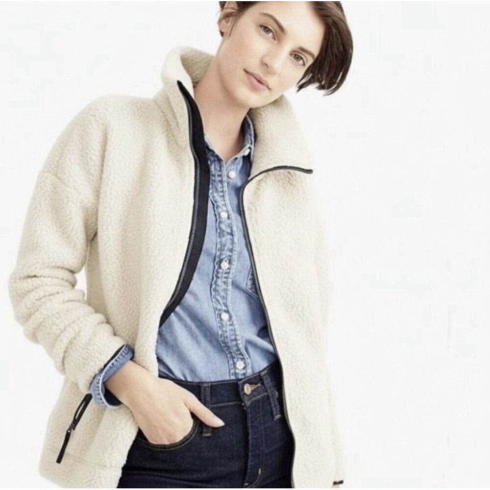 JCrew Polartec Sherpa Fleece Jacket Womens Small Ivory Cream Full Zip Mock Neck